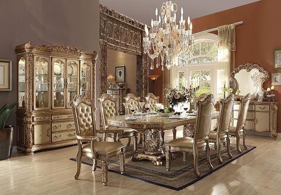 10 PS Luxurious Formal Dining Table Set Kitchen Furniture Set Include 1 Extension Dining Table, 6 Side Chairs, 2 Arm Chairs and 1 Buffet & Hutch, Set for 8 Persons (Gold)