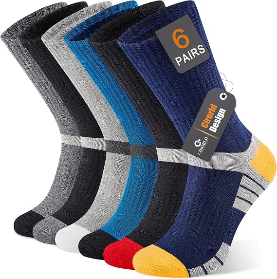 Cirorld Men's Cushioned Moisture Wicking Breathable Crew Socks, 6 Pairs