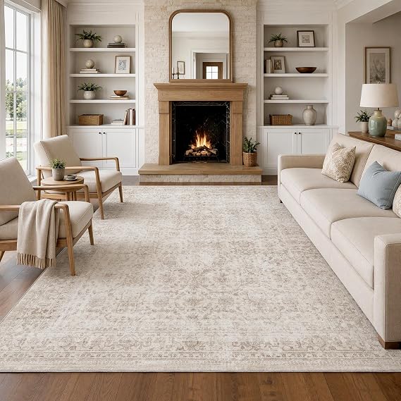 FMFUNCTEX 8x10 Washable Beige Neutral Vintage Large Living Room Area Rug