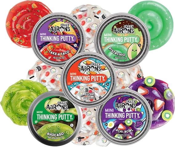 Crazy Aarons Mini Putty Tins Food Collection Take a Taco, Sushi, Avocado, Pistachio & Acai Bowl 5 Pack (.46 oz Each) Stretchy Sensory Fidget Toy Set Ages 3+