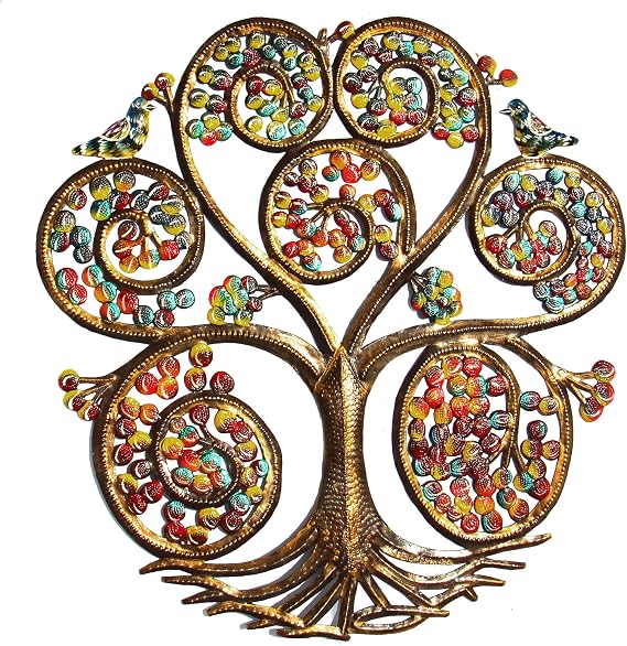 Global Crafts - Haitian Metal Wall Art Tree of Life - 24 in Hand-Painted Autumn Spiral