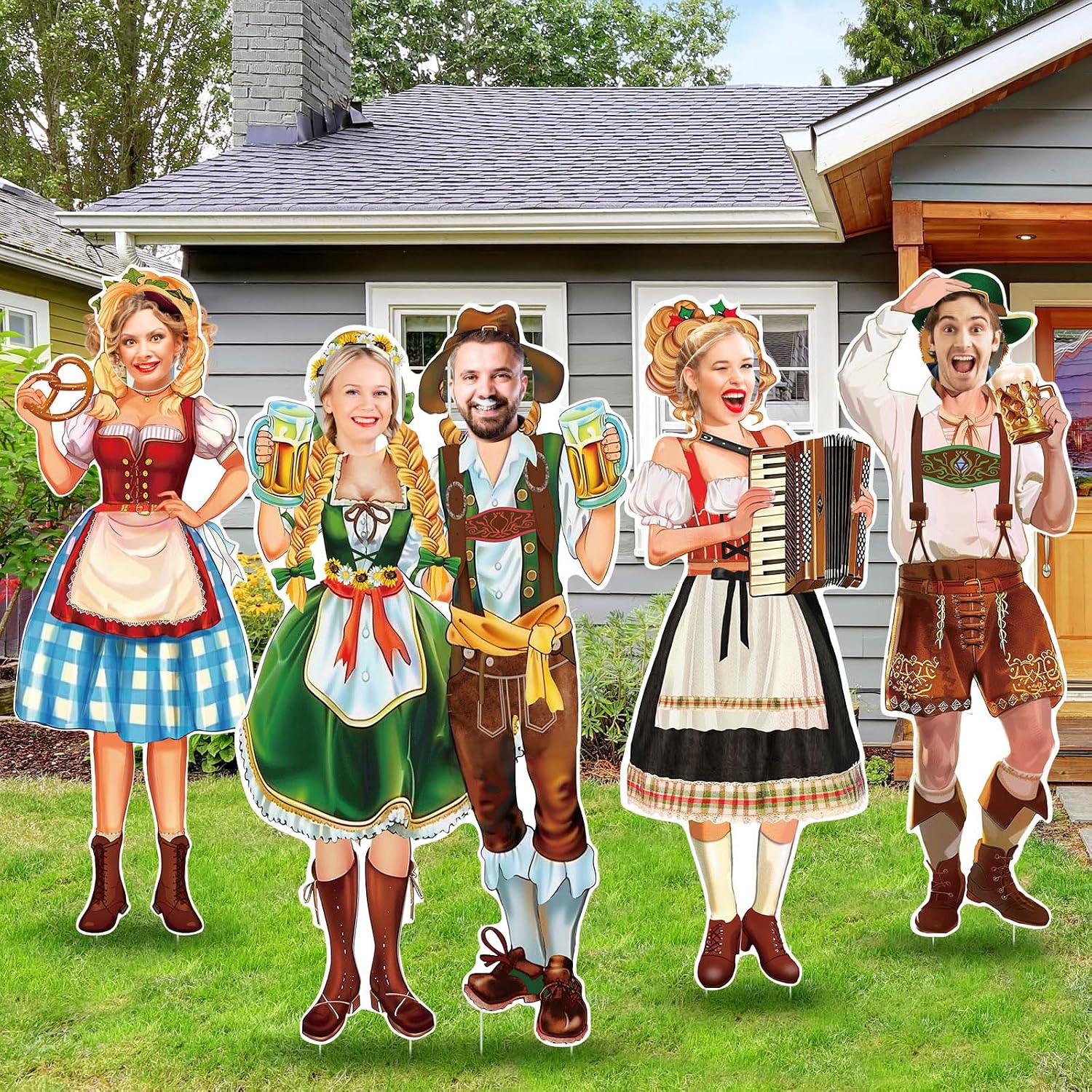 4 Pcs Oktoberfest Party Decorations Oktoberfest Photo Prop Large Face Yard Sign with Stakes Waterproof Bavarian Beer Festival for German Outside Lawn Garden Decor Photography