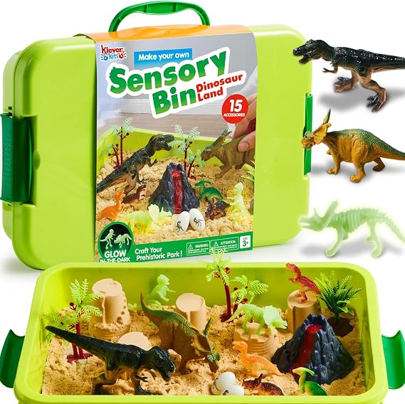 JOVA Klever Kits Dinosaurs Sensory Bin Toys for Kids with Glow in The Dark Dinosaurs, Sandbox with Lid Sand, Preschool Learning Activities Gifts for Boys Girls Age 3+