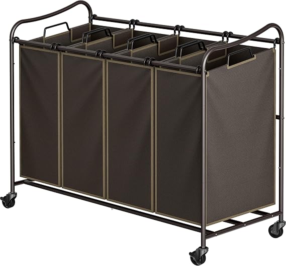 Simple Houseware 4-Bag Heavy Duty Laundry Sorter Rolling Cart, Brown