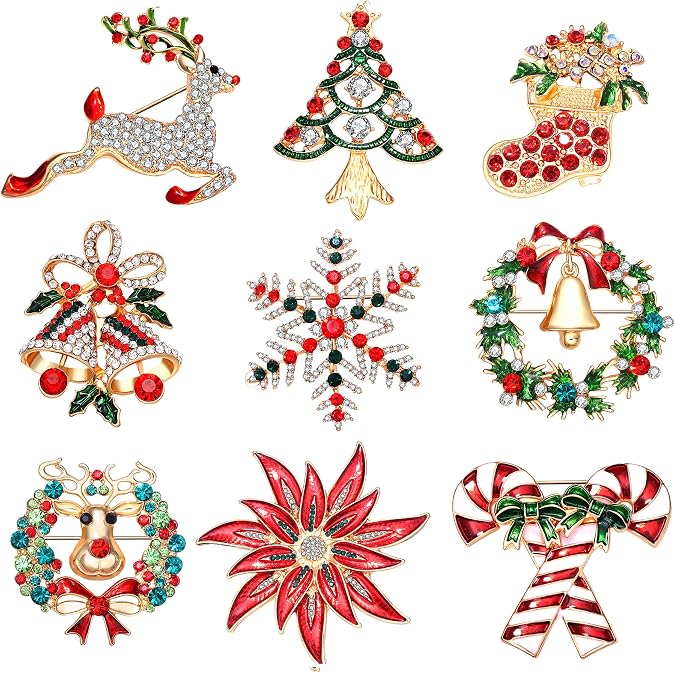 9 Pieces Christmas Brooch Pins for women Rhinestone Enamel Christmas Tree Wreath Snowflake Reindeer Brooch Pins Set Holiday Xmas Gift