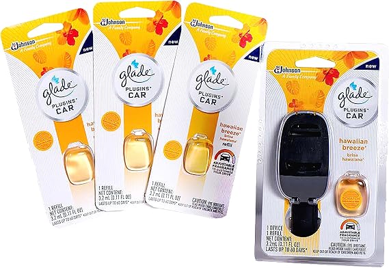 Glade PlugIns Car Air Freshener Starter Kit, Hawaiian Breeze, 1 Warmer + 4 Refills