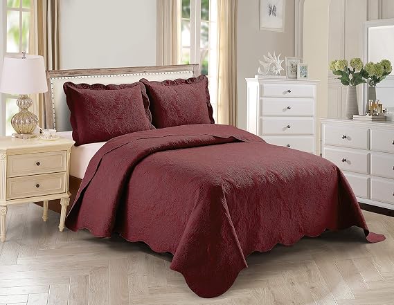 Kids Zone Home Collection, Over Size, Elegant Vintage Floral Pattern Embossed, Light Weight, Scalloped Edges, Bedspread Set, Solid, #Stacy, 2 Pieces, Twin, Burgundy