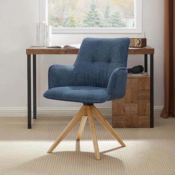 Zouron Swivel Desk Chair No Wheels, Upholstered Office Chair with Oak Wood Legs, Modern Accent Armchair for Small Space, Bedroom, Living Room, Home Office, Blue