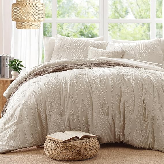 Queen Comforter Set Beige Tufted Boho Bedding Sets Farmhouse 7 Pieces