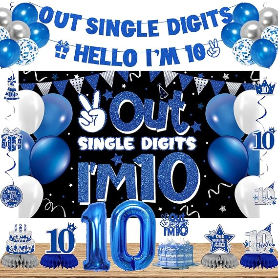 DARUNAXY Blue 10th Birthday Party Decorations for Boys Girls(28PC)