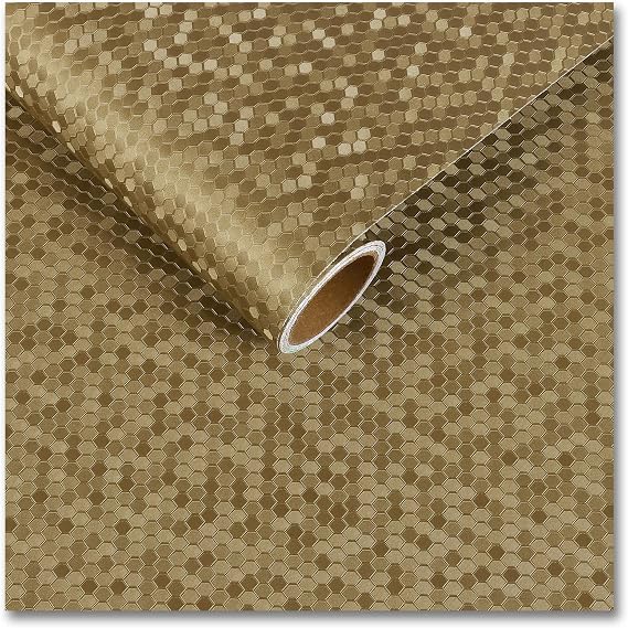 CRE8TIVE Metallic Mustard Gold Peel and Stick Wallpaper Textured 12"x80" Hexagon Honeycomb Gold Wallpaper for Kitchen Fridge Vinyl Wrap Waterproof Adhesive Metallic Contact Paper for Cabinets Drawers