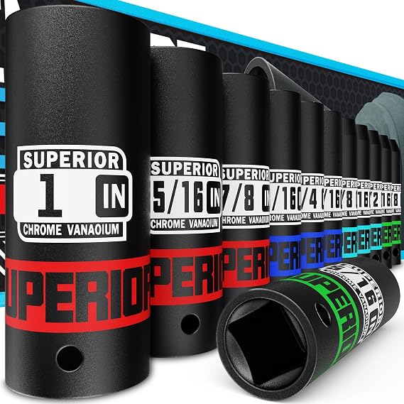 12 Piece 1/2" Drive Impact Socket Set, 3/8" - 1" Deep Socket, SAE, 6 points, CR-V Material, Cars, Motorcycles, Tire Changes