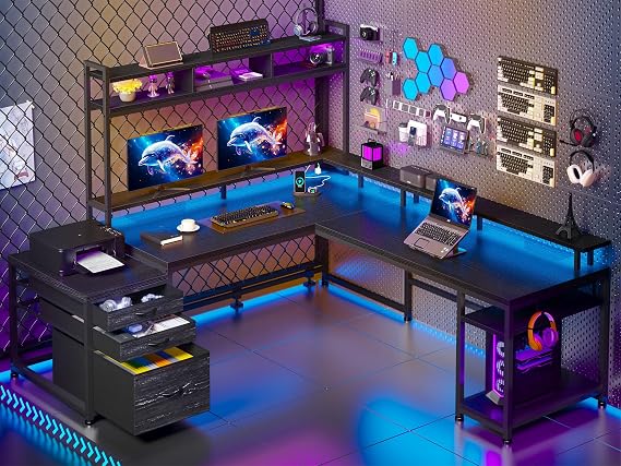 EnHomee 64x59 Inch Two Person L Shaped Gaming Desk with Shelf & LED Lights | 4-Layout with 4 AC+2 USB Charging Ports, Remote Lights for Gaming Room, Black