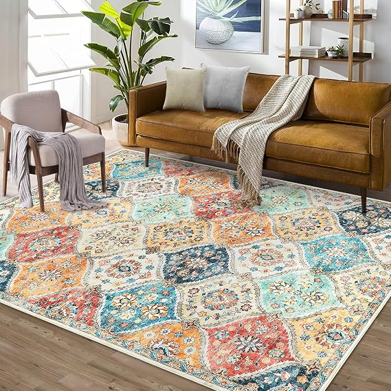 ROYHOME Area Rug 5x7 Moroccan Trellis Non-Slip Machine Washable Rug, Cream | Vintage Medallion Distressed Carpet Stain Resistant Accent Rug Coffee Table Floor Cover Farmhouse Dining Bedroom Decor
