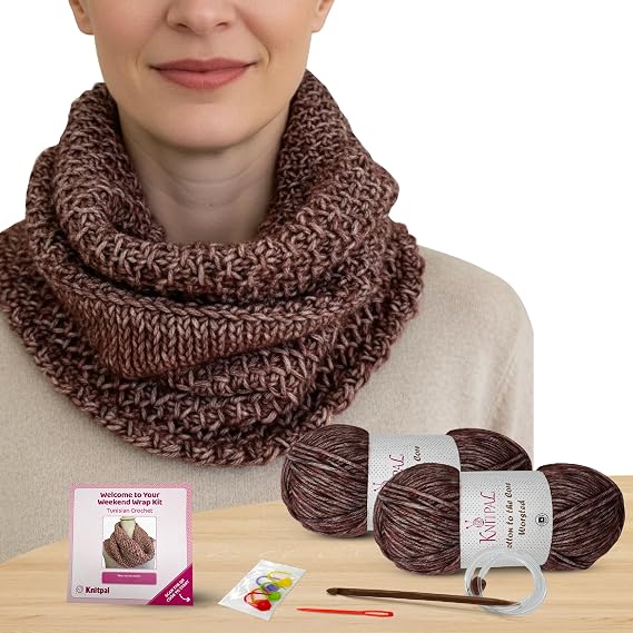 KnitPal Weekend Wrap Scarf Tunisian Crochet Kit for Adults (Caramel Brown)