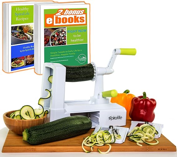 Spiralife Spiralizer Vegetable Slicer Zucchini Spaghetti Maker, Heavy Duty Suction Cup Mount, 30-Spike Ergonomic Crank Handle BONUS Digital Spiralizer Ebook Perfect for Low Carb & Paleo Diet