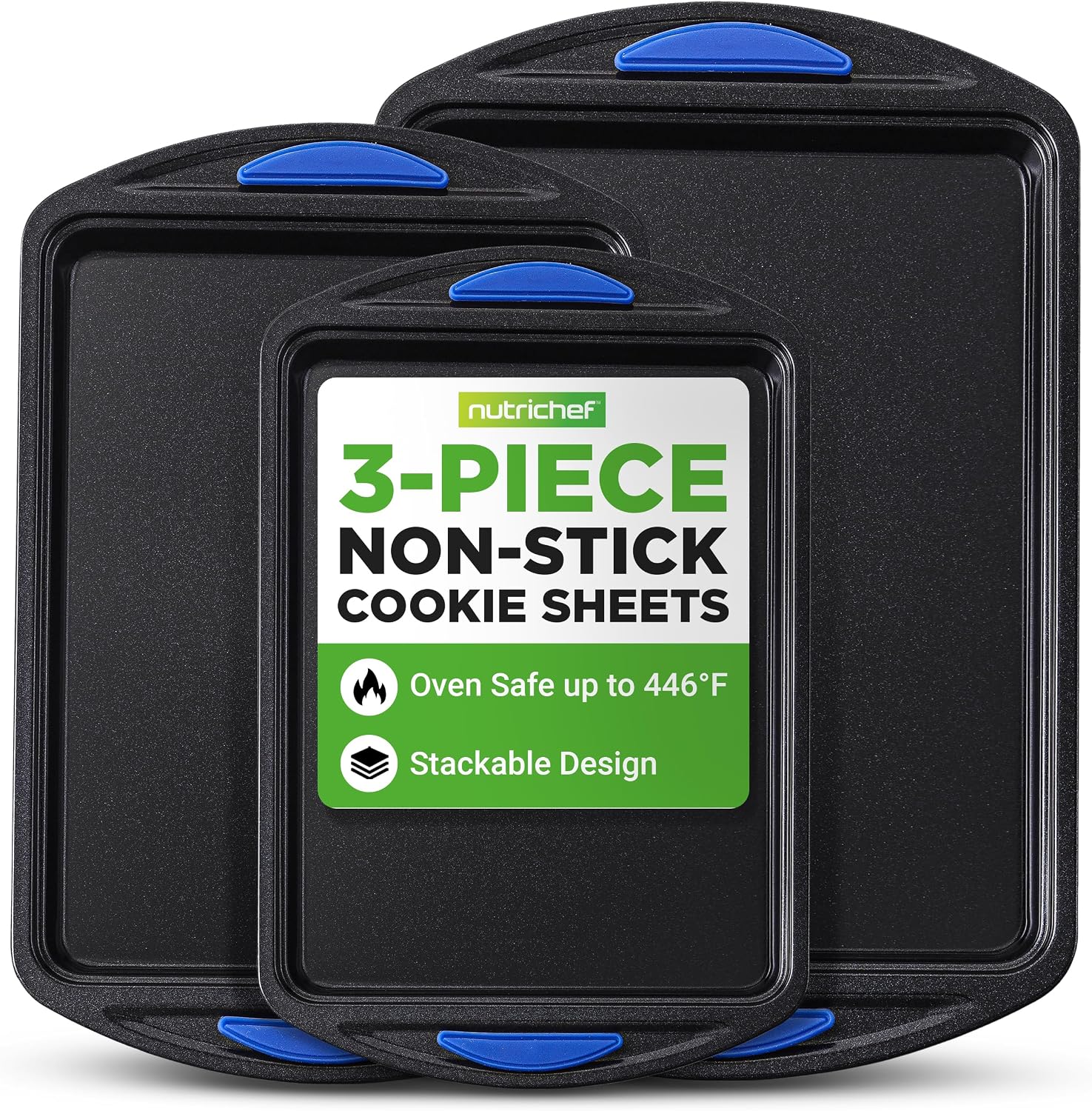NutriChef 3-Piece Nonstick Cookie Sheets for Baking – Carbon Steel Stackable Bakeware Set wSilicone Handles - Non Toxic Baking Pan - Durable & Wrap Resistance, Oven Safe - Easy cleanup