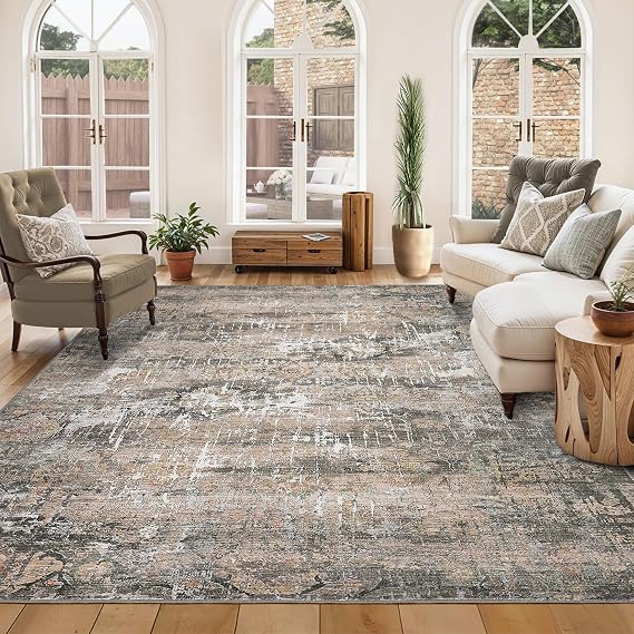 Neutral Area Rugs 5x7 Washable, Soft Vintage Distressed Large Bedroom Rug Foldable Indoor Floor Carpet, Retro Abstract Farmhouse Low Pile Non-Slip Throw Rugs for Living Room Dining Room, Taupe Multi