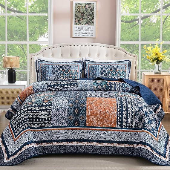 WONGS BEDDING Navy Blue Quilt Set King, 3 Pcs Boho Patchwork Bedspread Set