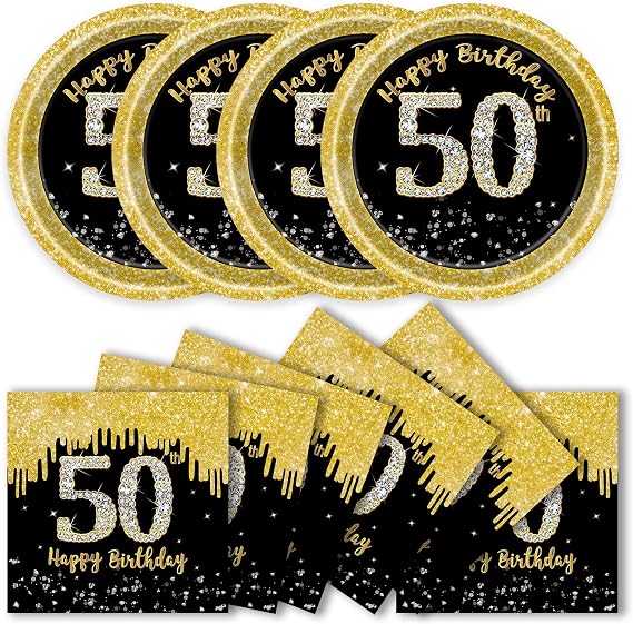 50 Pcs 50th Birthday Paper Plates and Napkins Party Supplies, Black Gold 50th Party Plates and Napkins Tableware Set for Men Women Anniversary 50 th Birthday Decorations