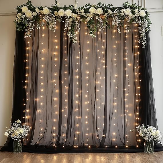 Fomcet Tulle Backdrop Curtains with Lights Black 10x8ft Sheer Curtain