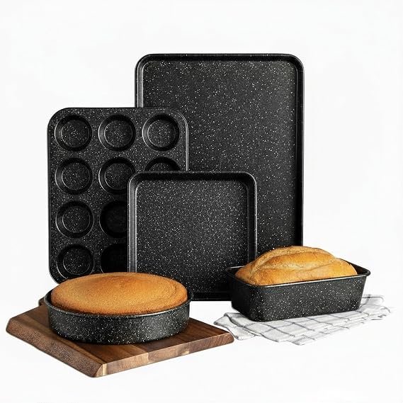 Granitestone Black Non-Stick Baking Pan Set of 5 Cookie Sheet, Loaf Pan, Muffin Pan, Cake Pan, 0.8mm Gauge Anodized Steel, Bakeware Set, Oven and Dishwasher Safe