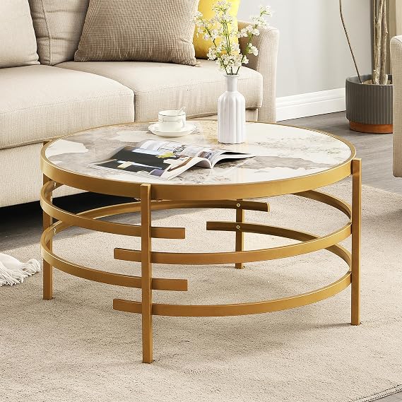 Round Coffee Table Sintered Stone - LifeSky 32 inch Circle Center Coffee Table with Metal Frame - Modern Circular Coffee Tables for Living Room Gold