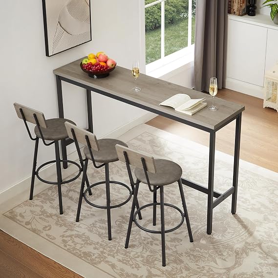 63" L Bar Table and Chairs Set for 3, 4 Piece Long Rectangle Pub Bistro Dining Table Set with 3 PU Upholstered Bar Stools, Counter Height for Kitchen Restaurant