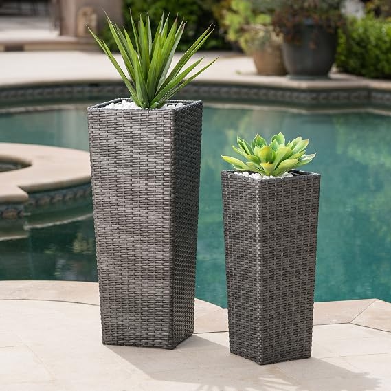 roomfitters Wicker Outdoor Flower Pots, Set of 2, Tall Planters Woven Resin Square Design for Garden and Patio Decor, Grey