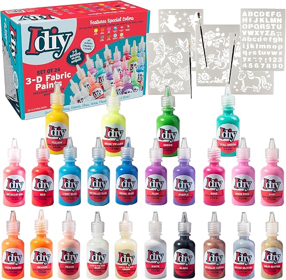 24-Color 3D Fabric Paint Set for Clothes, Canvas & Glass - Permanent Puffy Paint (1oz Bottles) with Neon, Metallic, Glitter & Glow in The Dark Colors - Includes 3 Brushes & 5 Stencils, Non-Toxic