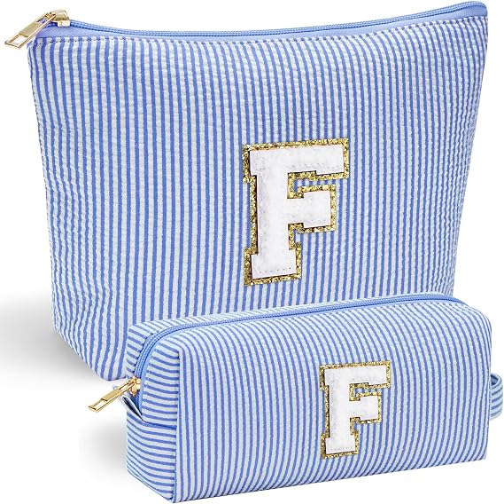 YOOLIFE Initial Makeup Bag Make Up Bag - Blue Cosmetic Bags Travel Essentials Graduation Gifts Engagement Personalized Thank You Gift for Women Friend Sister Blue F