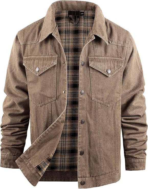 Mr.Stream Denim Jacket Men's Western Summer Jacket Cowboy Transition Jacket Checked Flannel Lining Denim Trucker Jackets with Press Stud