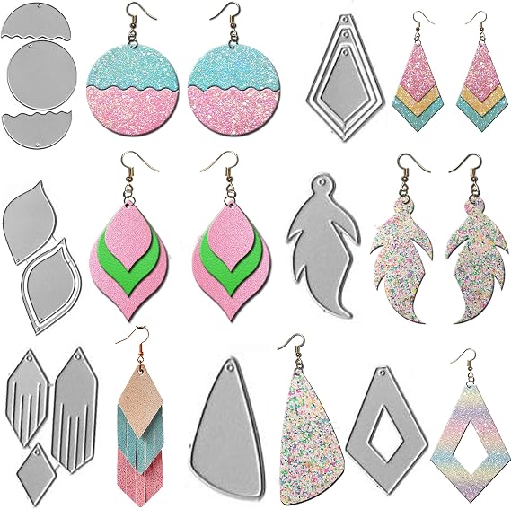 9Pcs Set Die Cuts - Earring Drop Tassel Teardrop Diamond Flower Leaf Feather Earring Cutting Dies for Card Making, Leather, Paper, DIY Crafts