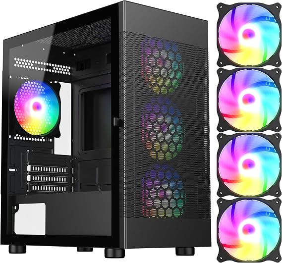 DIYPC ARGB-G5-BK Black USB3.0 Tempered Glass Micro ATX Gaming Computer Case w/ 4 x ARGB Fans (Pre-Installed)