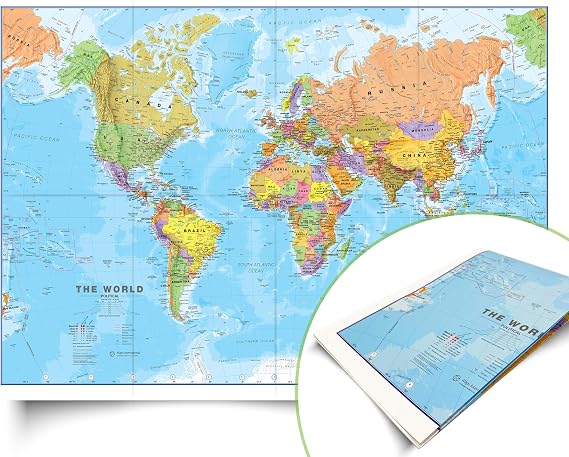Maps International - 世界地図の詳細 - 2026年更新 - シルクアートペーパー - 折りたたみフォーマット - 幅84.1cm x 高さ59.4cm