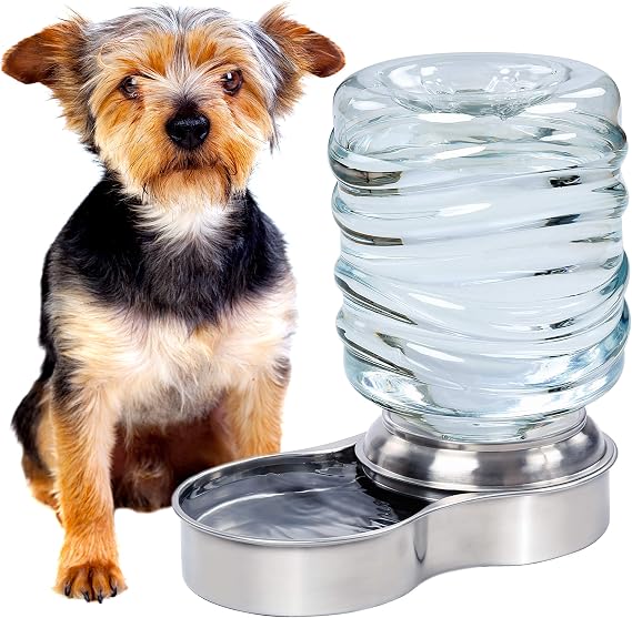 Dog Water Bowl Dispenser - Automatic Slow Refilling System Keeps Stainless Steel Drinking Dish Filled - Refillable 3 Liter Bottle, Non-Skid Feet - Clean, Safe, Fresh Drink for Pet Dogs