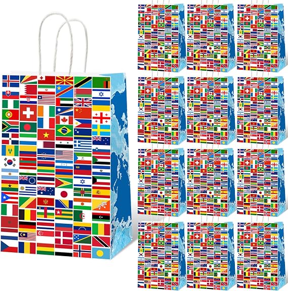 gisgfim 12 Pieces World Country Flags Party Favor Bags International Birthday Goodie Candy Treat Paper Bags Travel Trip Around The World Party Supplies Decorations for Baby Shower Birthday Gifts