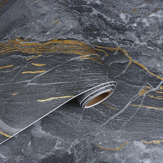 Grey and Gold Marble Contact Paper - Waterproof Dark Gray Granite Peel and Stick Wallpaper Vinyl Sticky Marble Contact Paper for Countertops Cabinet Shelf Kitchen Bathroom 11.8"x118"