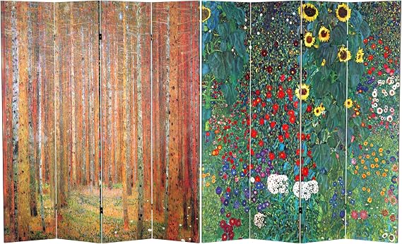 Red Lantern Double Sided Works of Klimt Room Divider - Tannenwald/Farm Garden, 6 Foot - 4 Panel