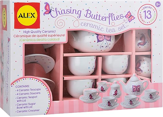 Alex Chasing Butterflies Ceramic Kids Tea Set, 13 Piece,Includes 4 teacups, 4 saucers, tea pot with lid, sugar bowl with lid and creamer