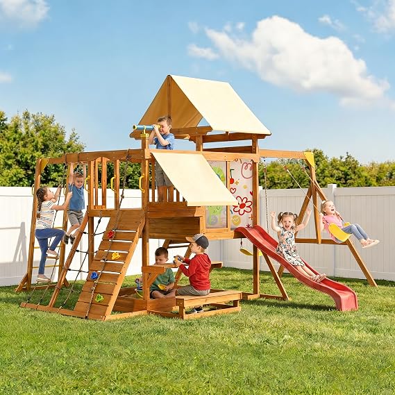 Wooden Swing Sets for Backyard, Outdoor Playground Playset for Kids Ages 3-10