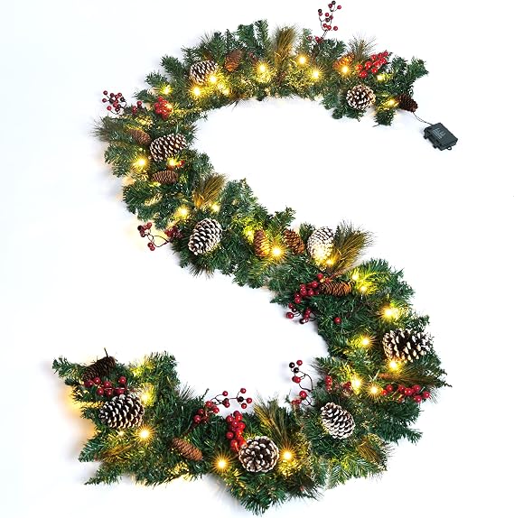 Christmas Garland with 8 Lighting Modes 9FT Battery Operated, Artificial Mixed with Pine Cones, Red Berries, 50 LED Lights