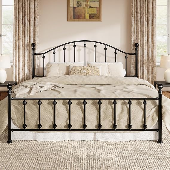 SHA CERLIN King Metal Bed Frame,Victorian Headboard & Footboard,Black
