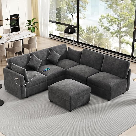Modern 85.4" Sectional Sofa Modular Sofa U-Shaped Sofa Couch Sofa Bed L-Shaped Sofa with a Movable Ottoman and 2 USB Ports for Living Room Apartment Office (Grey-11.9)