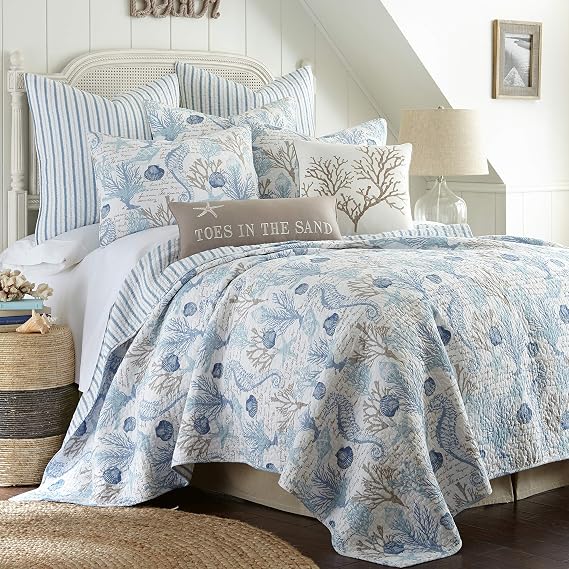 Levtex home - Galapagos Quilt Set - Twin Quilt + One Standard Pillow Sham - Coastal - Blue, Grey, Taupe and White - Quilt Size (68x86in.) and Pillow Sham Size (26x20in.) - Reversible - Cotton Fabric